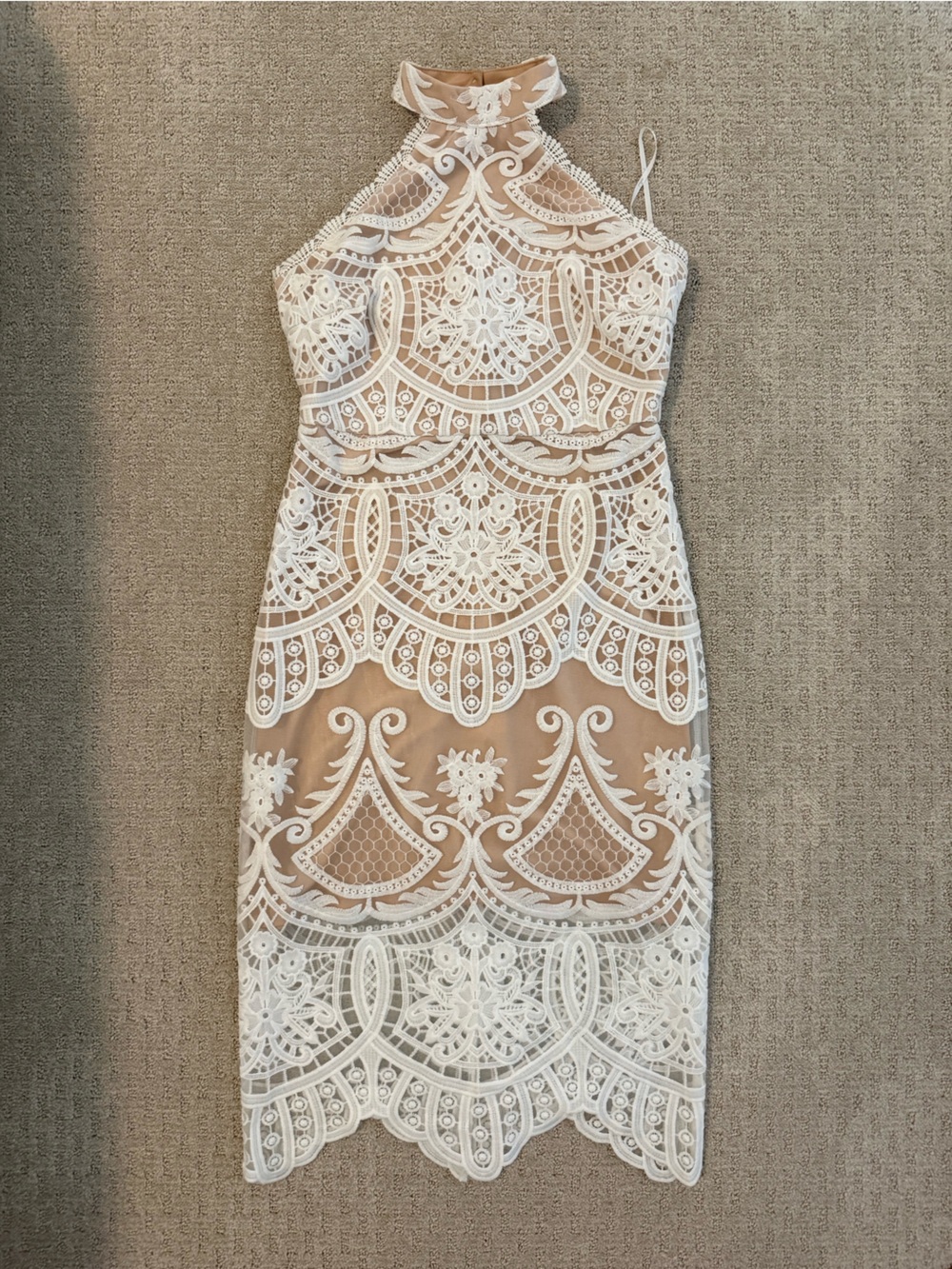 Lulu's White Lace Overlay Nude Halter Midi Dress